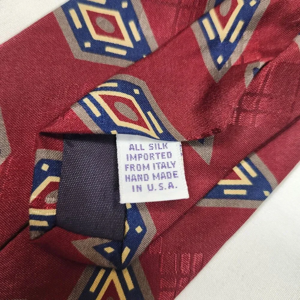 Vintage Abercrombie & Fitch Italian Silk Tie Red Gold Diamond Geometric Evil Eye